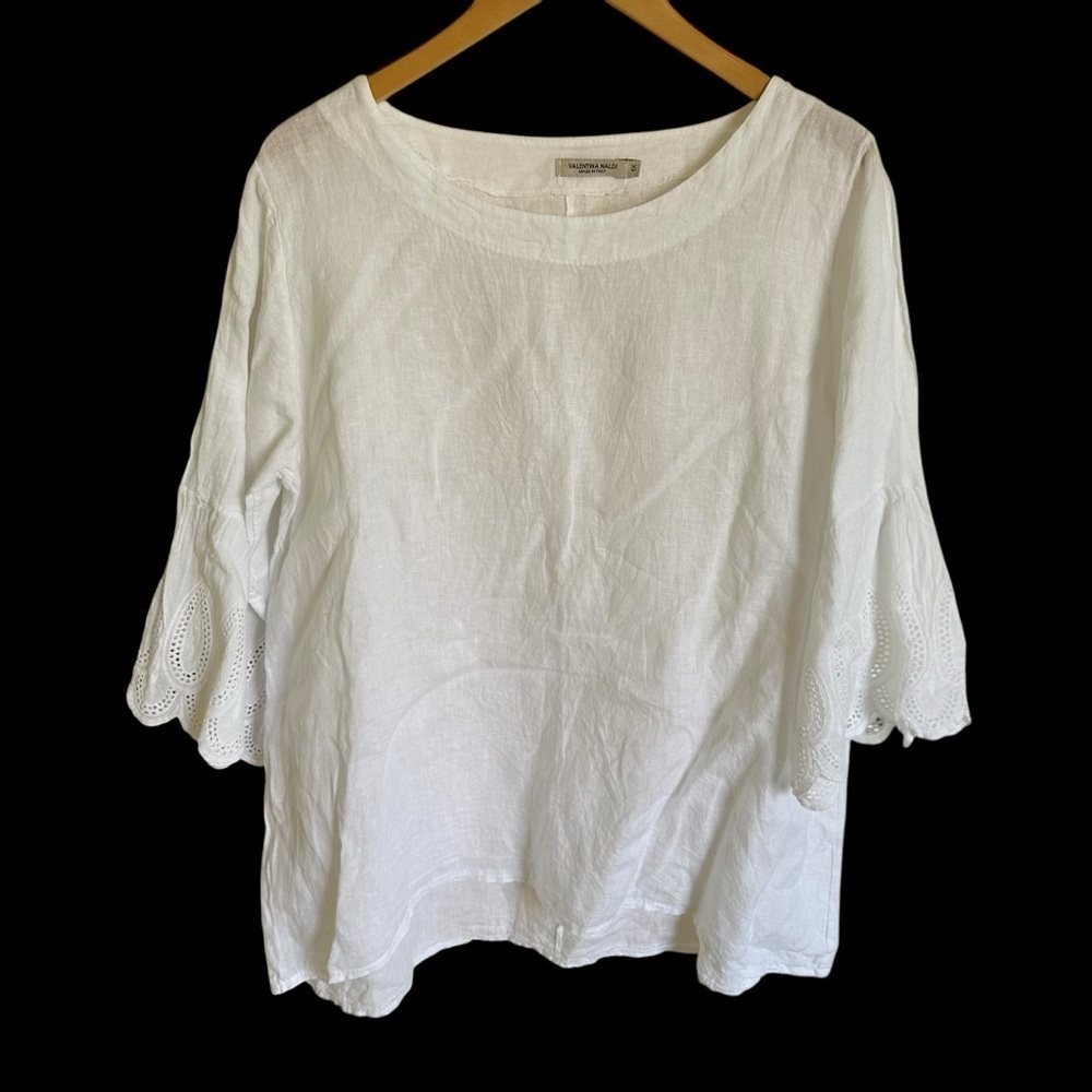 Valentina Naldi Italy Sz 1X 100% Linen Blouse Top Crochet Lace Sleeves Scoopneck